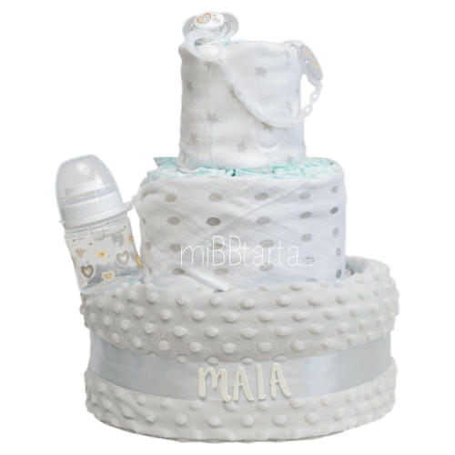 Tarta de pañales topitos gris