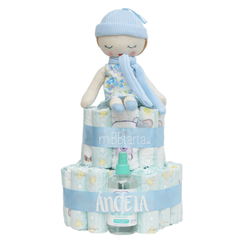 tarta de pañales muñeca azul