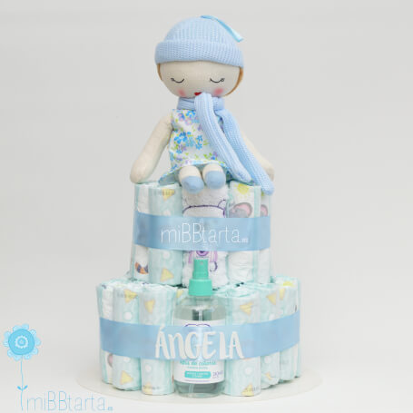 tarta de pañales muñeca azul